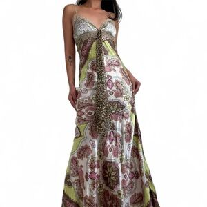 Vintage SILK Boho Paisley Maxi Dress w/ Leopard Accent - Lime & Pink, Sz M,L,XL